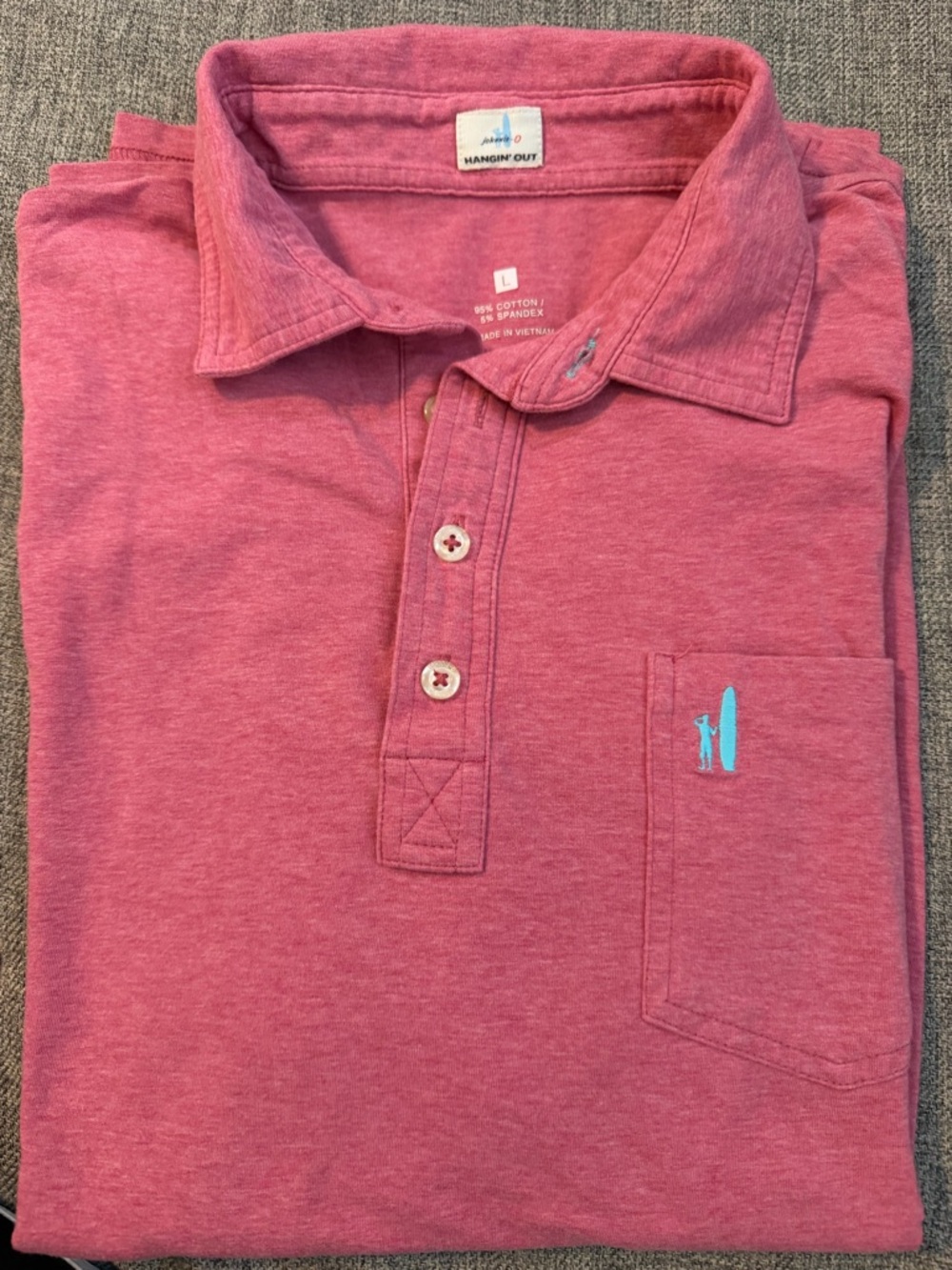 johnnie-O Pink Polo with Light Blue Surf Logo Size Large “Cardinal’LG Ocala” GUC